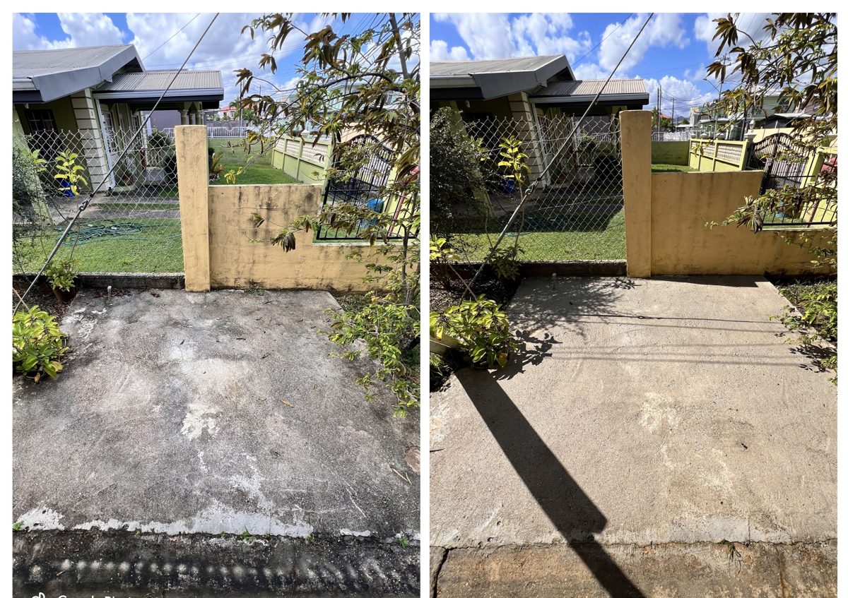 Concrete walkway before and after pressure washing